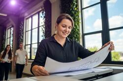 Une femme souriante en chemise noire examine un grand plan technique. Elle se trouve dans un bureau lumineux aux grandes fenêtres décorées de plantes. Deux collègues marchent en arrière-plan.