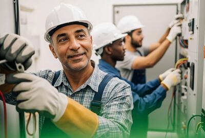  3 techniciens en casque blanc et gants de protection travaillent sur une armoire électrique dans une station nucléaire. L'homme au premier plan sourit, illustrant un environnement de travail collaboratif et sécurisé.