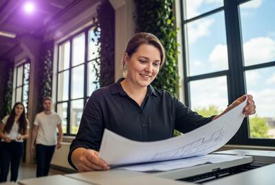 Une femme souriante en chemise noire examine un grand plan technique. Elle se trouve dans un bureau lumineux aux grandes fenêtres décorées de plantes. Deux collègues marchent en arrière-plan.
