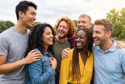 Un groupe de six jeunes professionnels rit et partage un moment de complicité en extérieur dans un parc verdoyant. L'ambiance est dynamique, unie et tournée vers la nature.