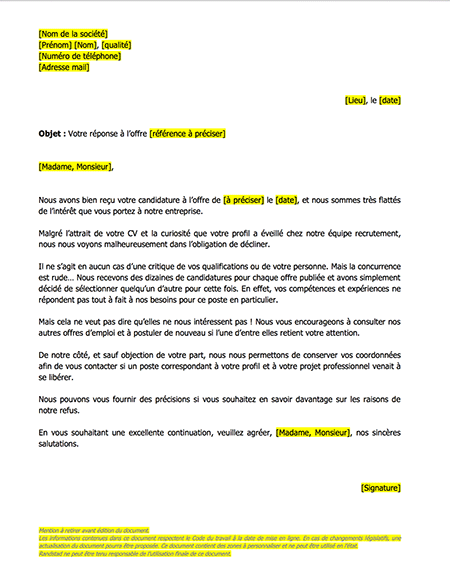 lettre type pour refus de candidature